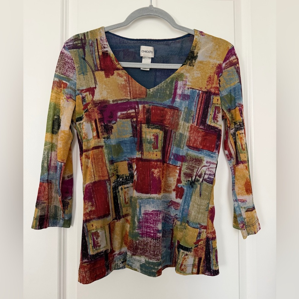 Chico's Multicolor Abstract Patchwork V-Neck Top